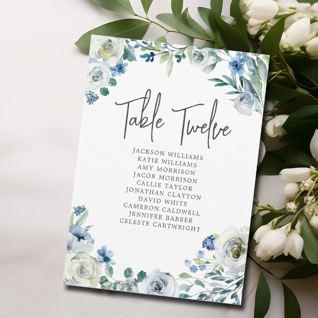 Elégant Mariage Floral Bleu Carte Numéro de table (Créateur téléchargé)