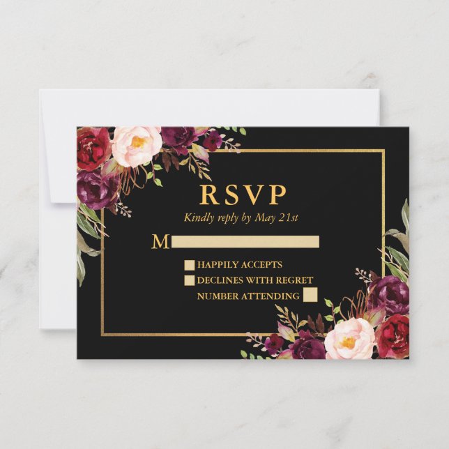 Elégant Mariage Floral Bourgogne Black Gold RSVP (Devant)