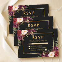 Elégant Mariage Floral Bourgogne RSVP Black Gold
