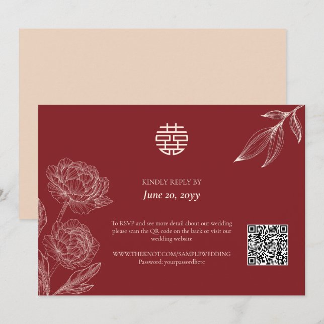 Elégant mariage floral chinois RSVP Invitation (Devant / Derrière)