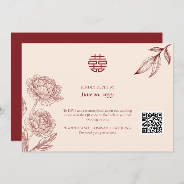 Elégant mariage floral chinois RSVP Invitation (Devant / Derrière)
