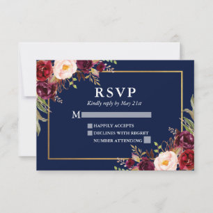 Élégant Mariage floral de Bourgogne Blue Gold RSVP