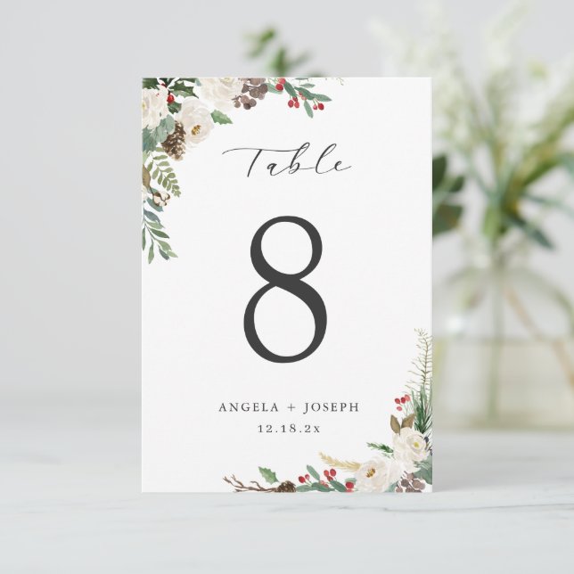 Elégant Mariage Floral d'hiver Carte Numéro de tab (Debout devant)