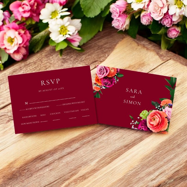 Elégant mariage floral moderne RSVP (modern burgundy wedding rsvp card with food options )