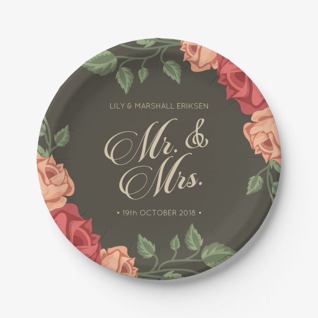Élégant mariage floral Mr & Mrs | Assiette en papi (Devant)