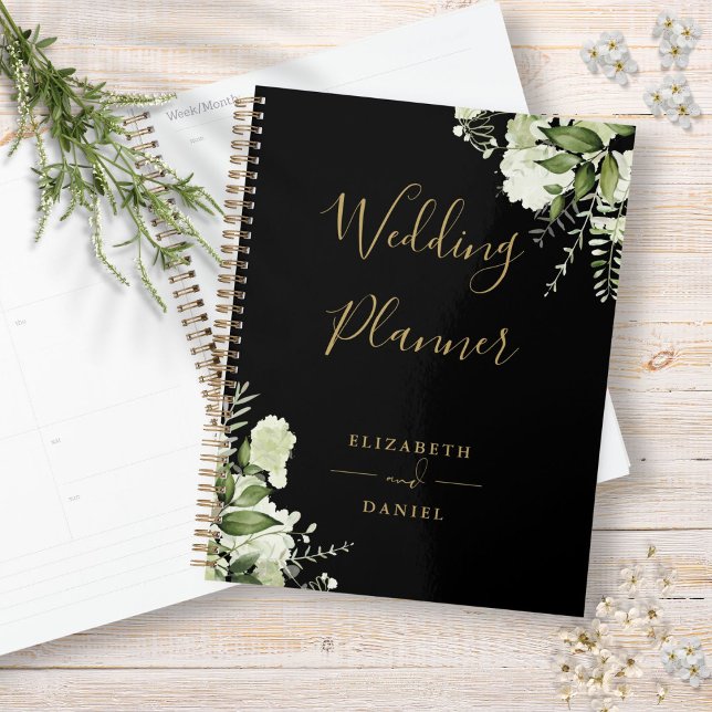 Élégant mariage floral verdure noir et or (Elegant Floral Greenery Black And Gold Wedding Planner)