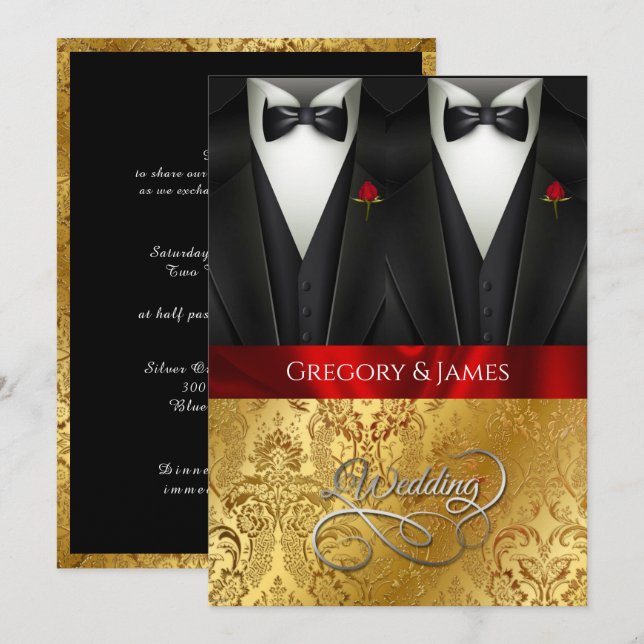 Elégant Mariage gay Tuxedo Red Rose Invitation (Devant / Derrière)
