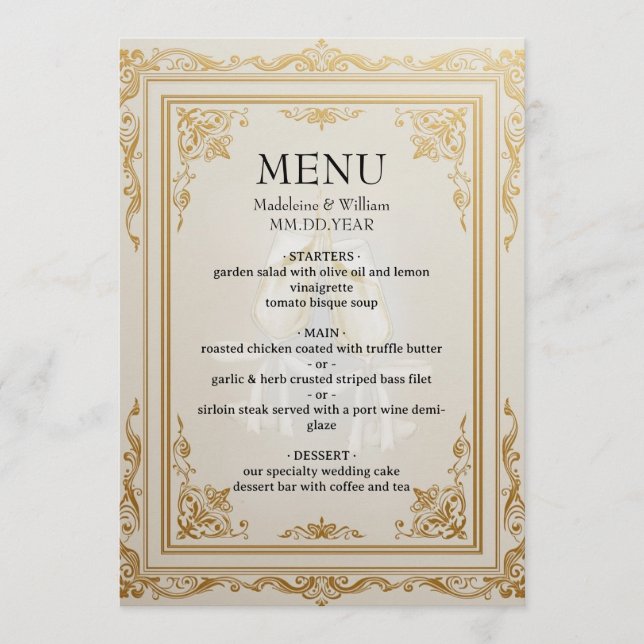 Elégant Mariage Gold Carte Menu Réception Luxe (Devant)