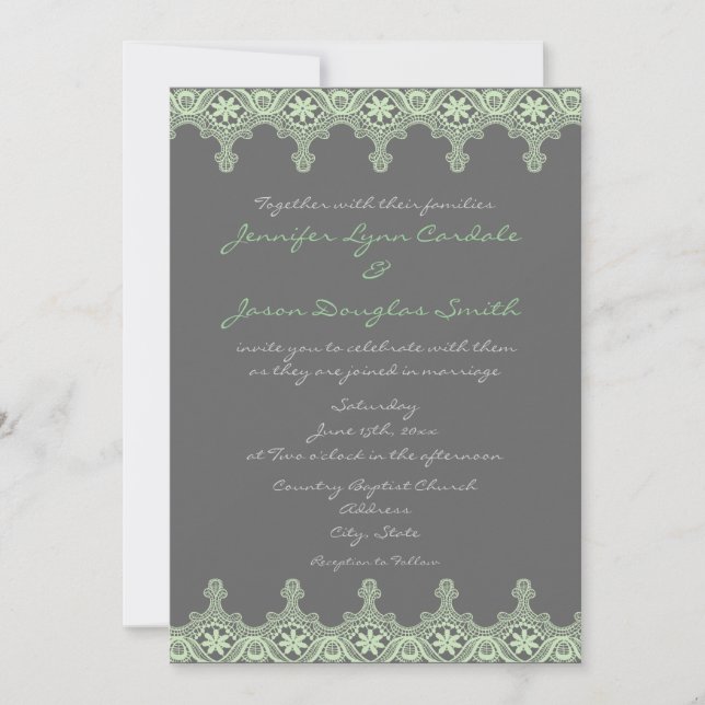 Elégant mariage gris vert dentelle Invitations (Devant)