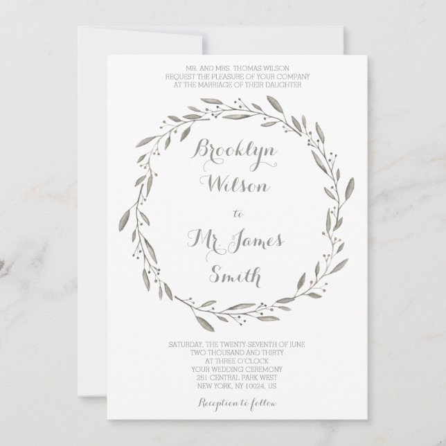 Élégant mariage Invitation Gris Floral Wreath (Devant)