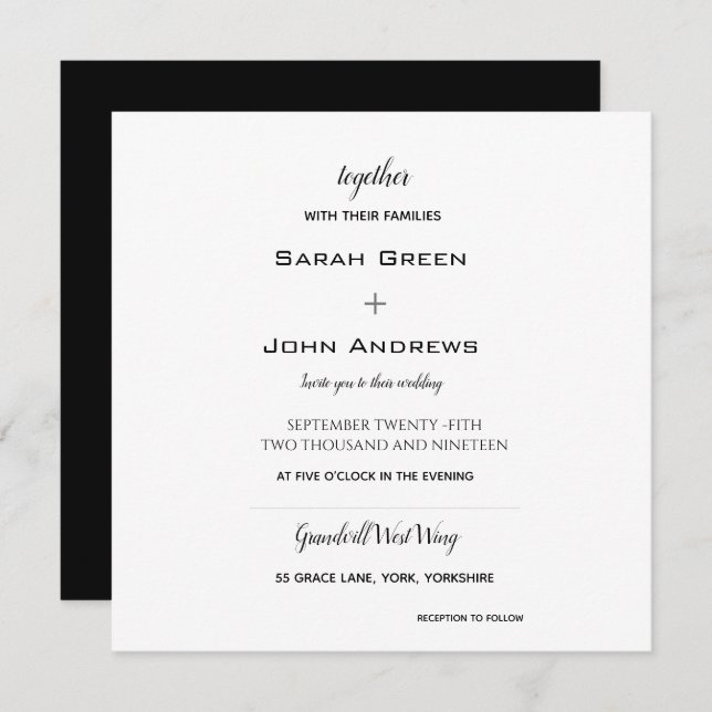 Élégant Mariage noir Monogramme Carré Invitation (Devant / Derrière)