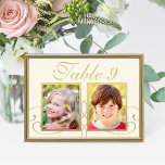 Élégant mariage photo ivoire or Numéro de table<br><div class="desc">Les cartes de numéro de table de mariage personnalisées, élégantes et uniques, comportent des photos d'enfance de la mariée et du marié à un âge qui correspond au numéro de table. Pour customiser : tapez le numéro du tableau, cliquez sur "modifier" par les photos par défaut pour télécharger vos propres...</div>