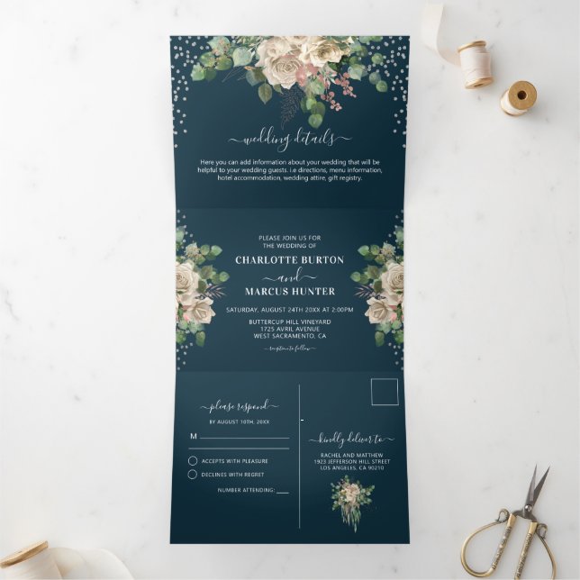 Élégant Mariage Rose Pâle Florales & Navy Tri-Fold (Intérieur)