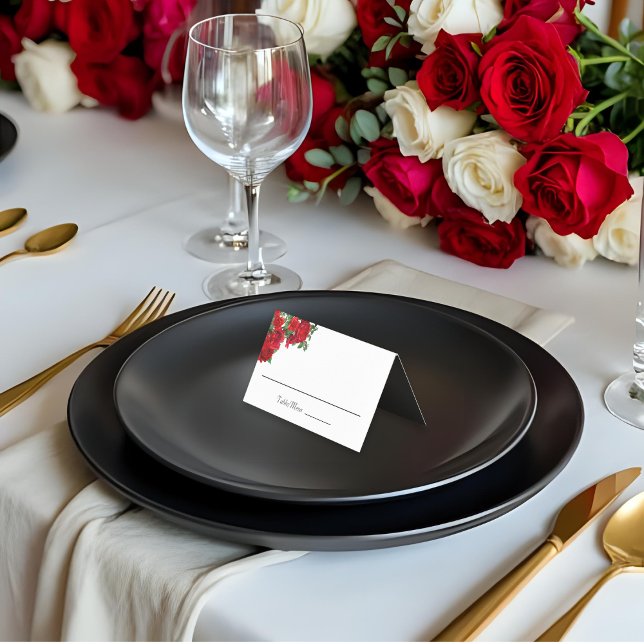 Élégant Mariage Rose personnalisé plié Carte Place (Bilingual (English/Spanish) Folded place card with white background and black interior)