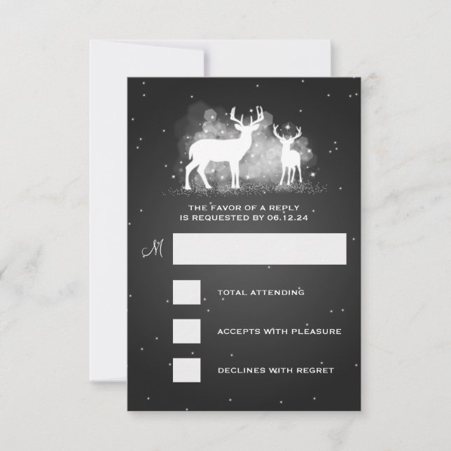 Élégant Mariage RSVP Winter Deer Sparkle Black (Devant)