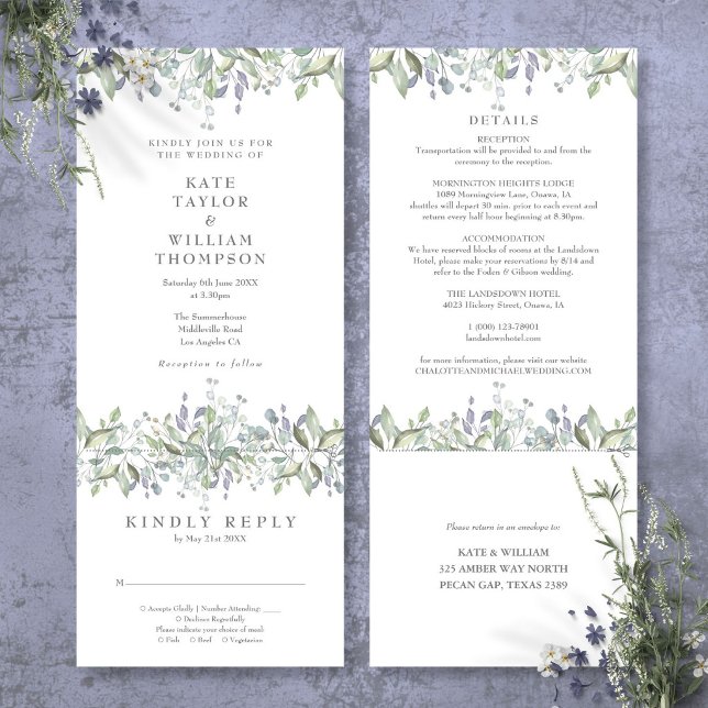 Élégant Mariage Vert dans une Seule Invitation (Elegant Greenery All In One Wedding Invitation)