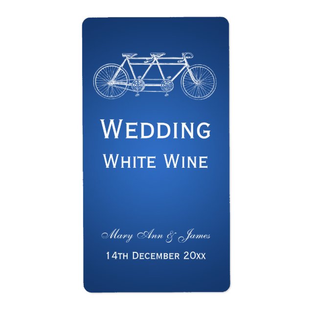 Elégant mariage Vin Étiquette Tandem Vélo Bleu (Devant)