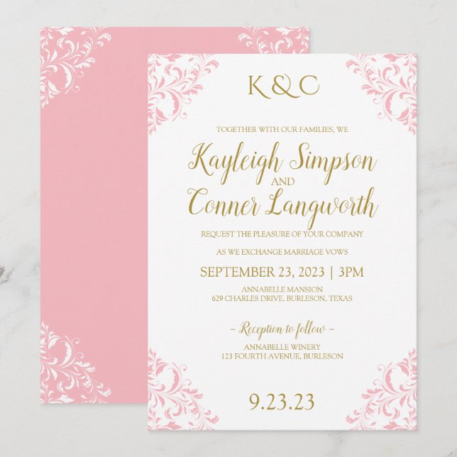 Elégant mariage vintage Invitation | Rose & Or (Devant / Derrière)