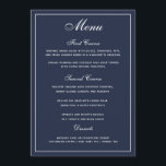 Elegant Marine Bleu Mariage Script Menu<br><div class="desc">Une façon élégante de montrer à vos invités leurs options de menu. Texte blanc sur un arrière - plan bleu marine. . Une police de script mariage a été combinée avec un style moderne toutes les polices casquettes créant un menu mariage élégant et convivial. Un grand espace a été alloué...</div>