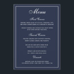 Elegant Marine Bleu Mariage Script Menu<br><div class="desc">Une façon élégante de montrer à vos invités leurs options de menu. Texte blanc sur un arrière - plan bleu marine. . Une police de script mariage a été combinée avec un style moderne toutes les polices casquettes créant un menu mariage élégant et convivial. Un grand espace a été alloué...</div>