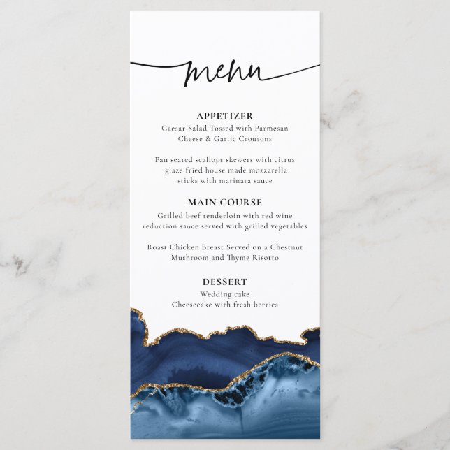 Elegant Marine Blue and Gold Agate Menu Mariage (Devant)