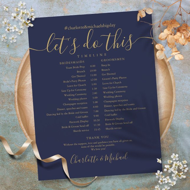 Elegant Marine Blue Gold Mariage Horaire (Elegant Navy Blue Gold Wedding Schedule Timeline)