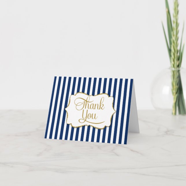 Elegant Marine Blue Gold Stripe Merci Cartes (Devant)