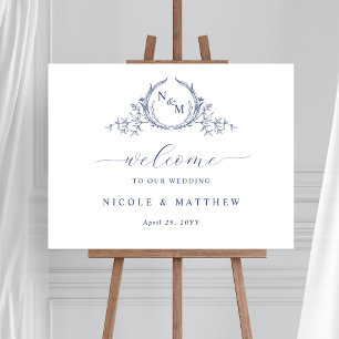 Elégant Marine Blue Monogram Mariage Affiche de bi
