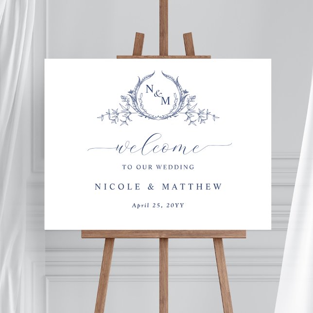 Elégant Marine Blue Monogram Mariage Affiche de bi (Créateur téléchargé)
