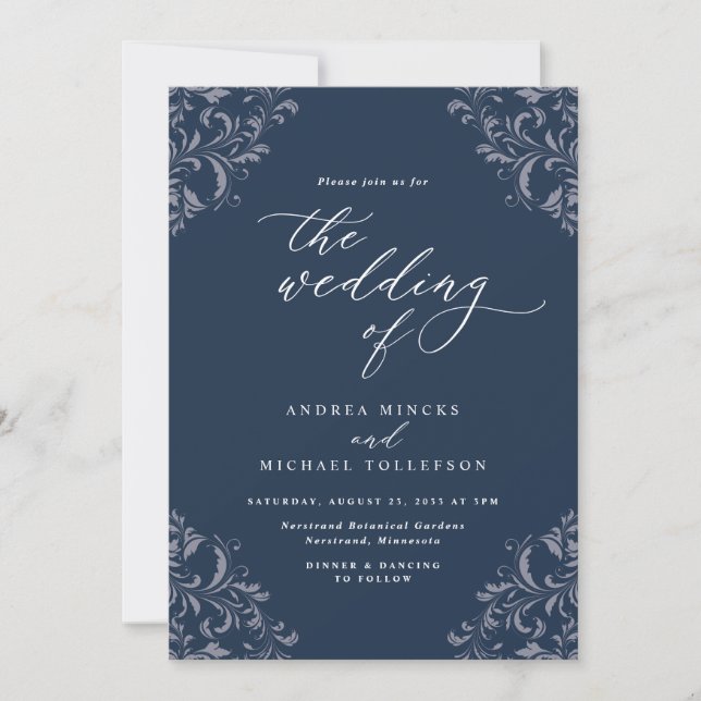 Elégant Marine Blue Vintage Mariage Invitations (Devant)
