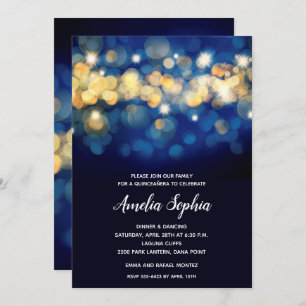 Elegant Marine et Gold Bokeh Quinceañera Invitatio