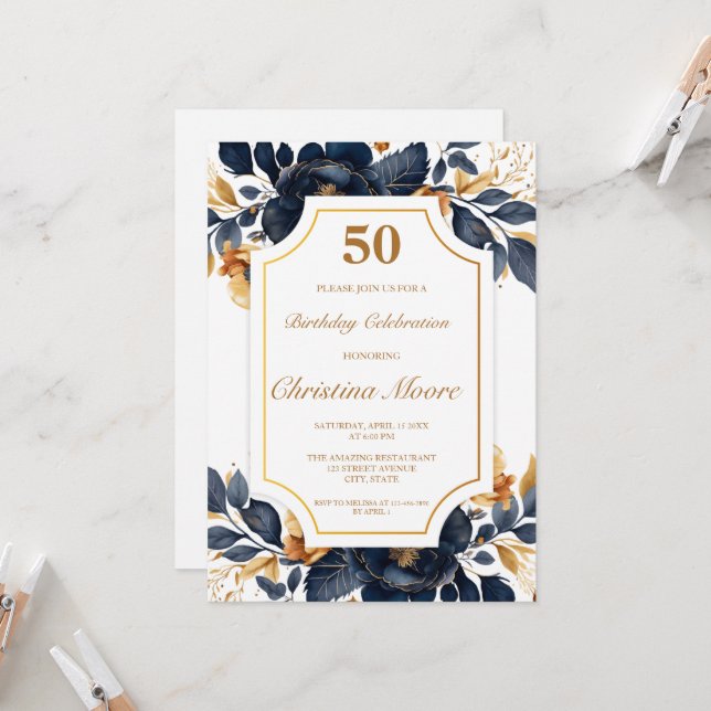 Elégant Marine & Gold 50e anniversaire Invitation (Devant/Arrière en situation)