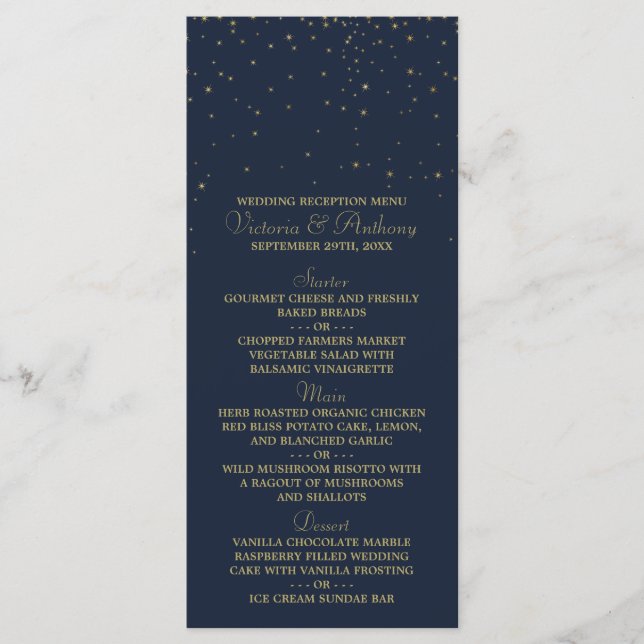 Elegant Marine & Gold Falling Stars Menu Mariage (Devant)