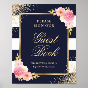 Élégant Marine rose Floral Mariage Livre d'or