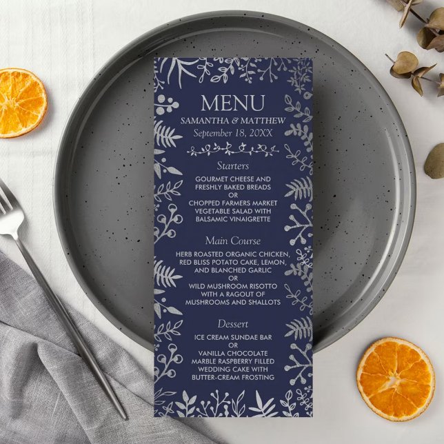 Elegant Marine & Silver Floral Mariage Menu (Créateur téléchargé)