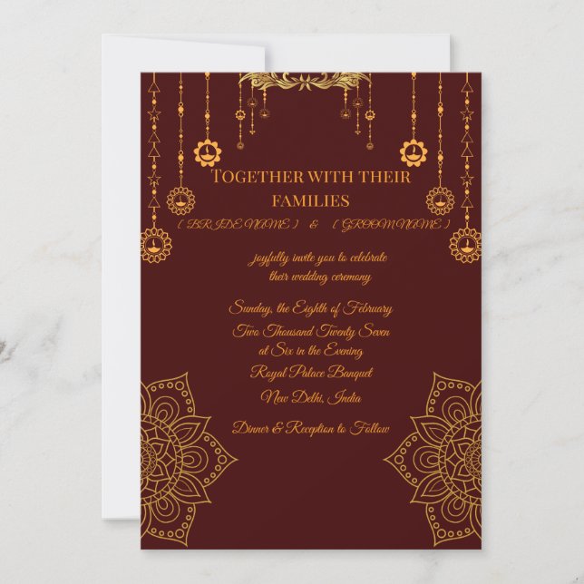 Elegant Maroon & Gold Wedding Invitation (Devant)