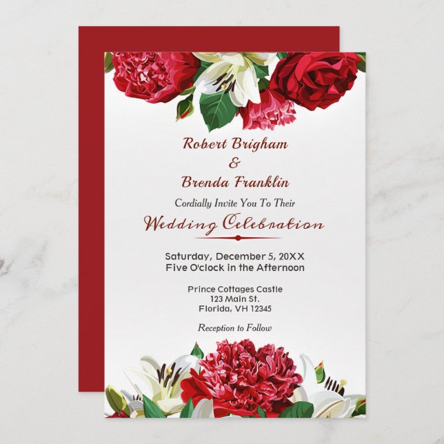 Elégant Marsala Roses Floral Wedding Invitations (Devant / Derrière)