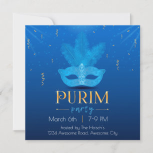 Elégant Masque bleu Purim Invitation