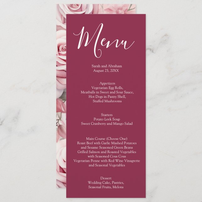 Elegant Mauve Rose et blanc Roses Mariage Menu (Devant / Derrière)