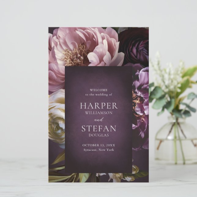 Elegant Maximalist Purple Floral Wedding Program (Debout devant)