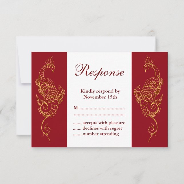 Elégant Mehndi Peacock Wedding RSVP - Rouge & Blan (Devant)