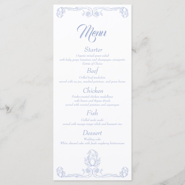 Elégant menu de dîner de mariage - Blue Rose Filig (Devant)