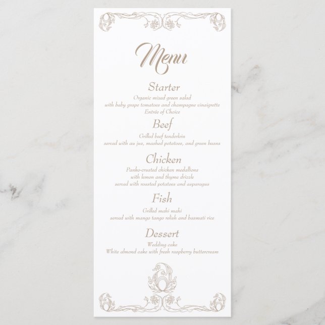 Elégant menu de dîner de mariage - Sand Rose Filig (Devant)