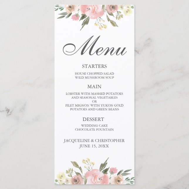 Élégant Menu de Dîner Floral Rose Pâle de Mariage  (Devant)