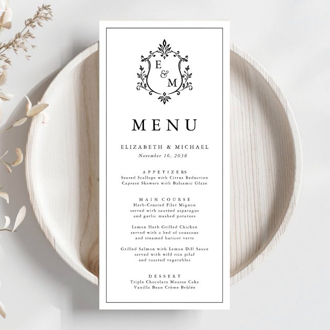 Élégant Menu de Mariage à Blason Monogramme (Elegant Monogram Crest Wedding Menu)