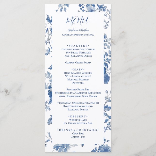Élégant Menu de Mariage à Motif Floral Toile Bleu  (Devant)