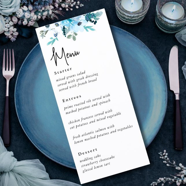 Élégant menu de mariage aux fleurs blanches bleues (Créateur téléchargé)