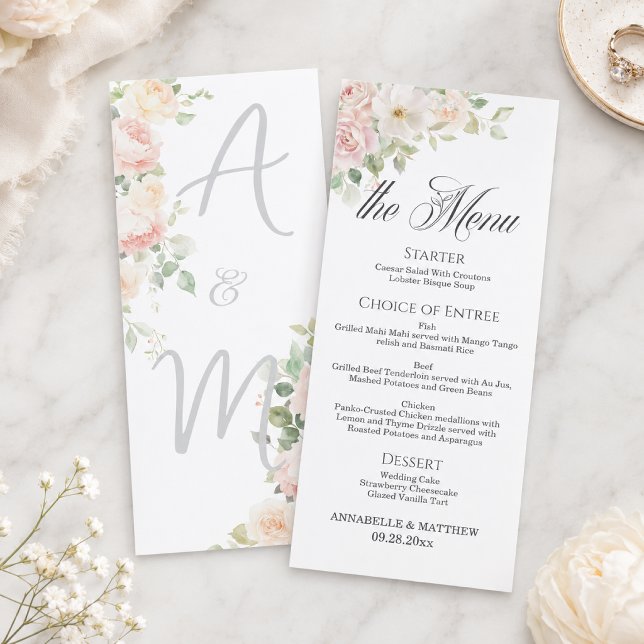 Élégant Menu de Mariage aux Roses Tendres 4x9'' (Créateur téléchargé)