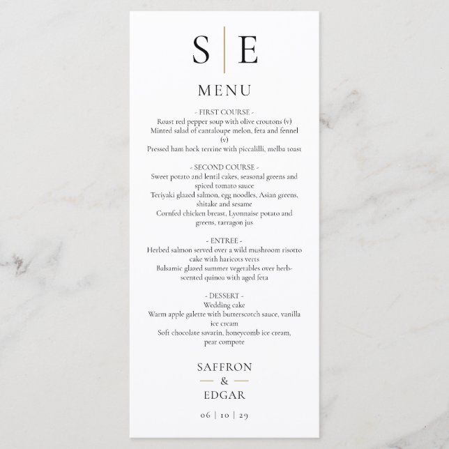 Élégant Menu de Mariage avec Monogramme Noir et Or (Devant)