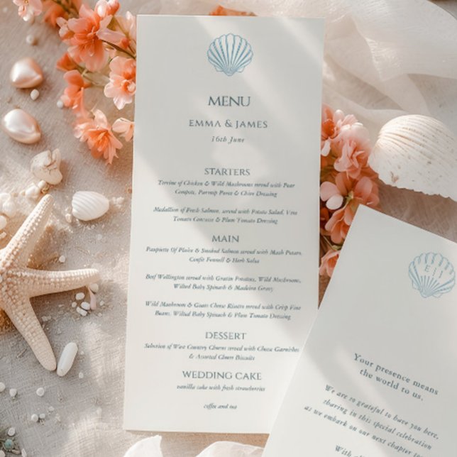 Élégant menu de mariage double face coquillage ble (Elegant Blue Seashell Ivory Double Side Wedding Menu)